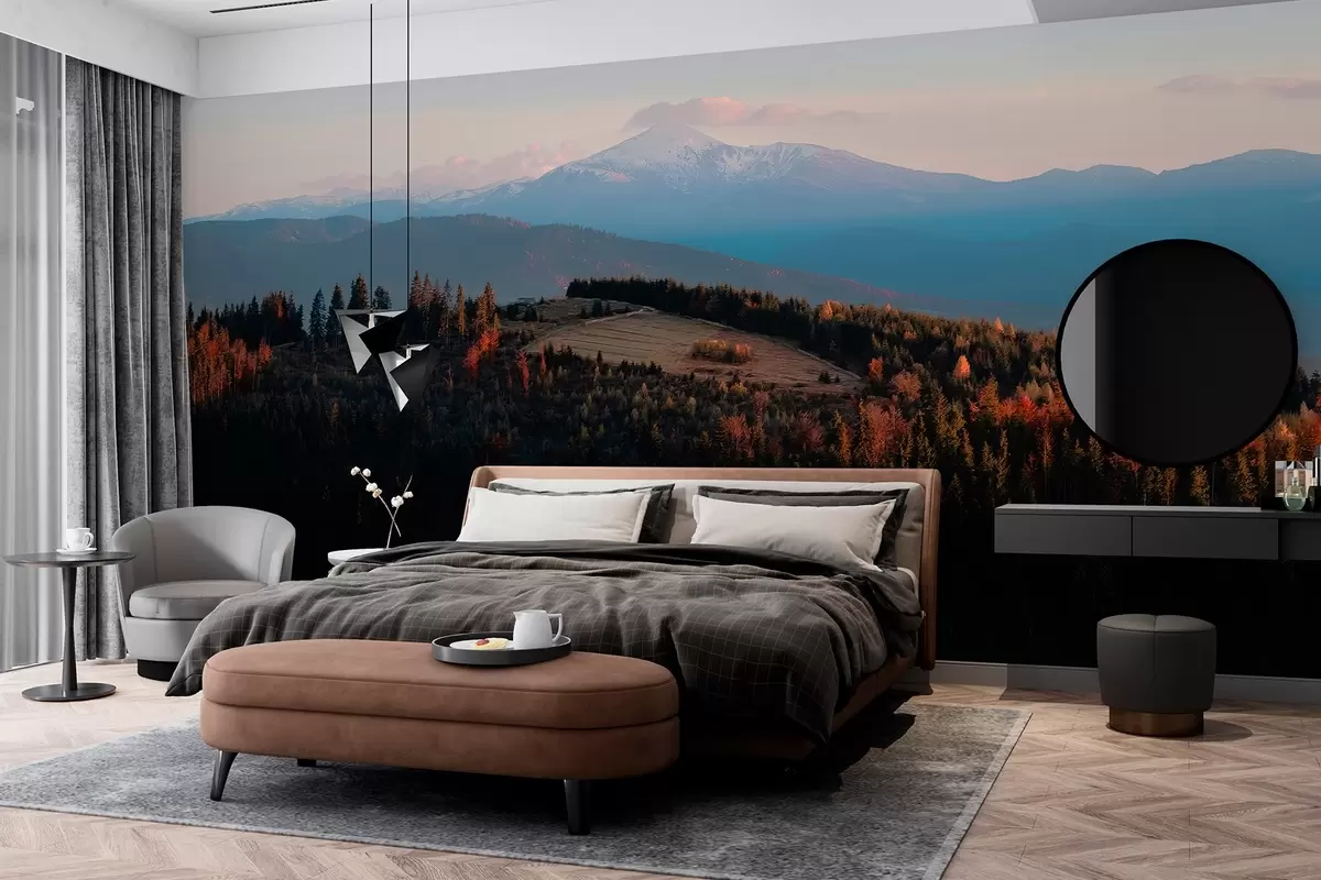 wall murals Carpathian mountains, oil style texture, autumn forest, sunset sky w04098
