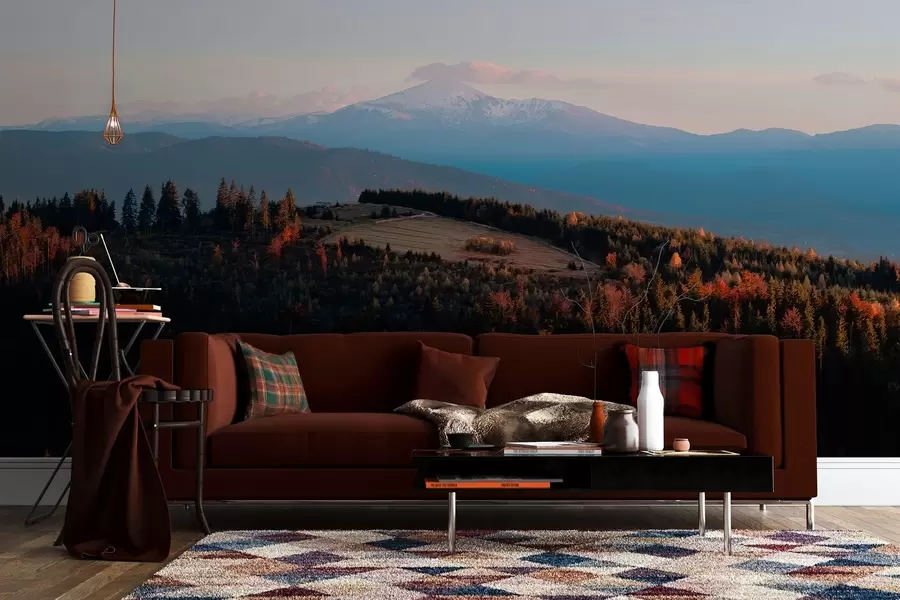 wall murals Carpathian mountains, oil style texture, autumn forest, sunset sky w04098