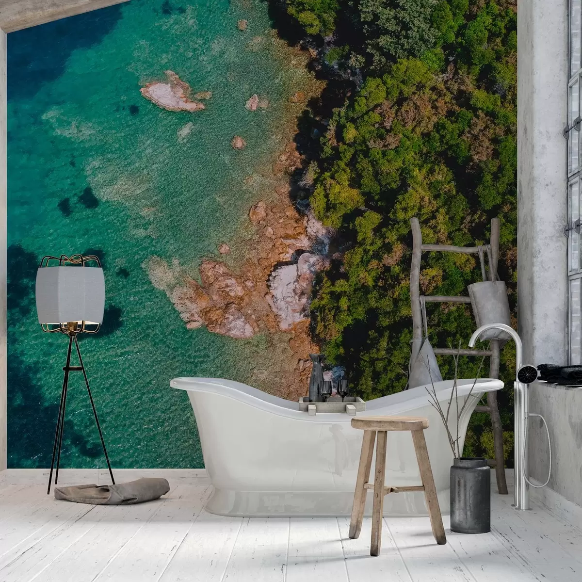wall murals Spain sea coast with aqumarine water, pine forest, air photography w04099