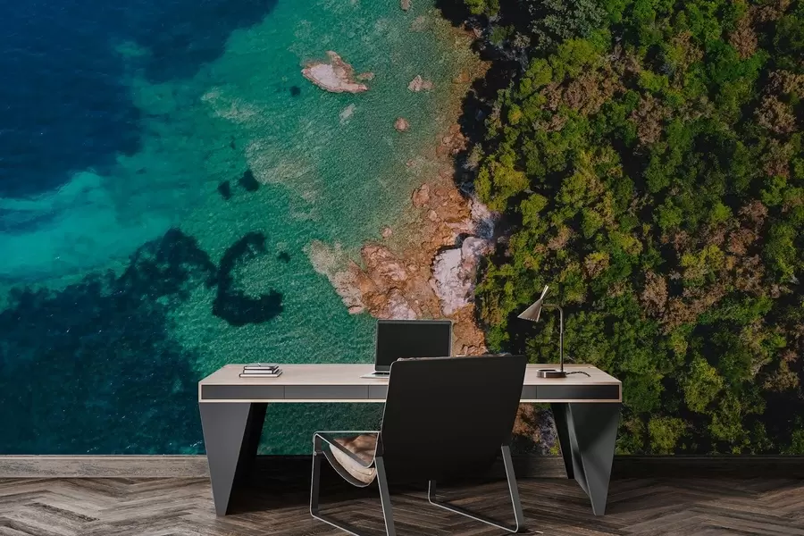 wall murals Spain sea coast with aqumarine water, pine forest, air photography w04099