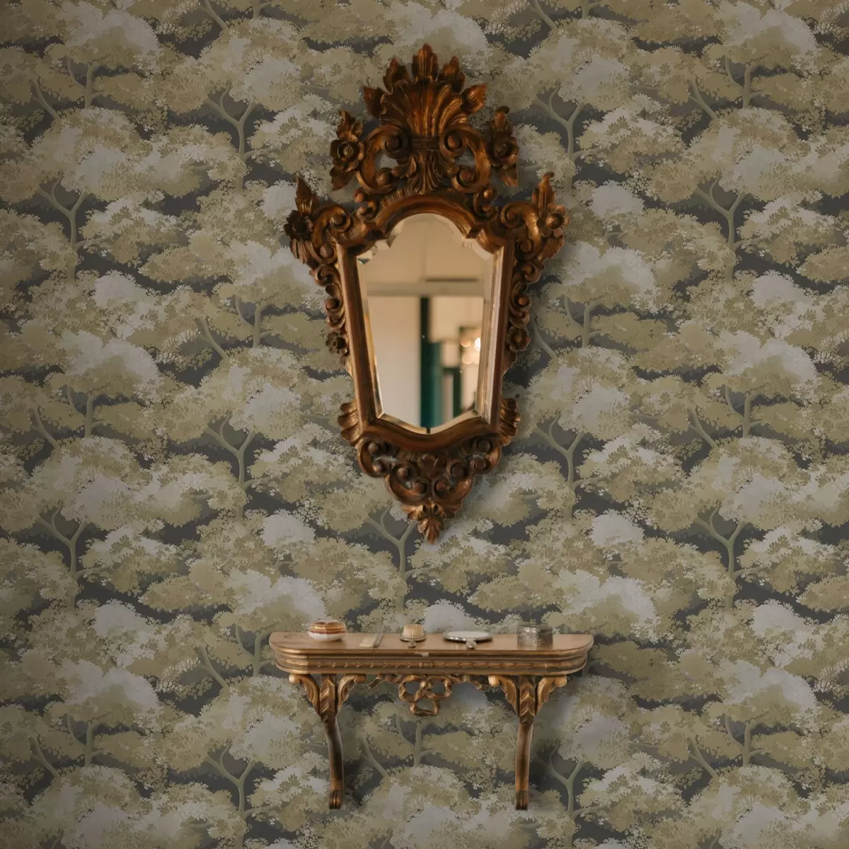 Wallpaper Dark forest pattern with trees in warm colors a00170