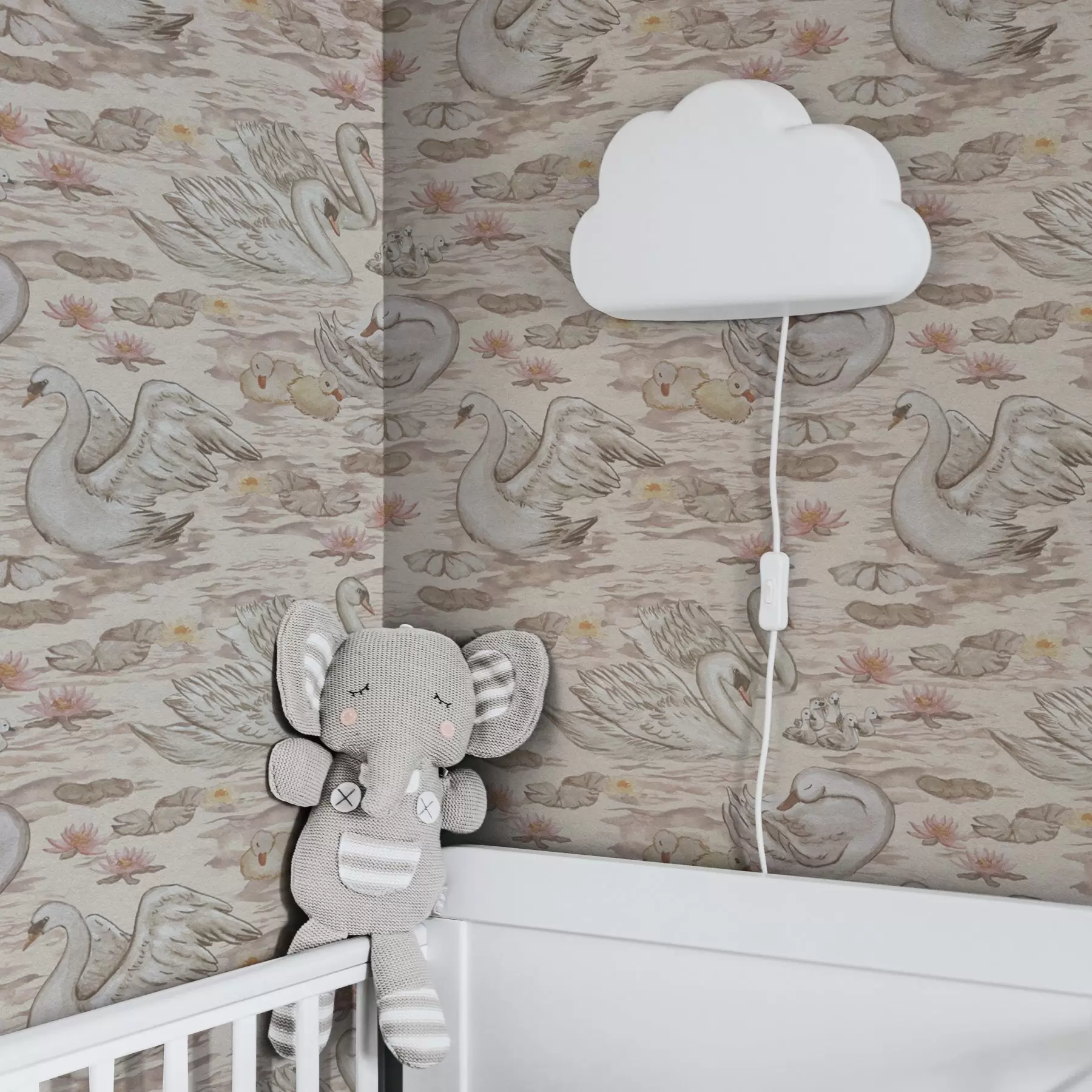 wall murals Swans with chicks on pink background with water lilies a00176