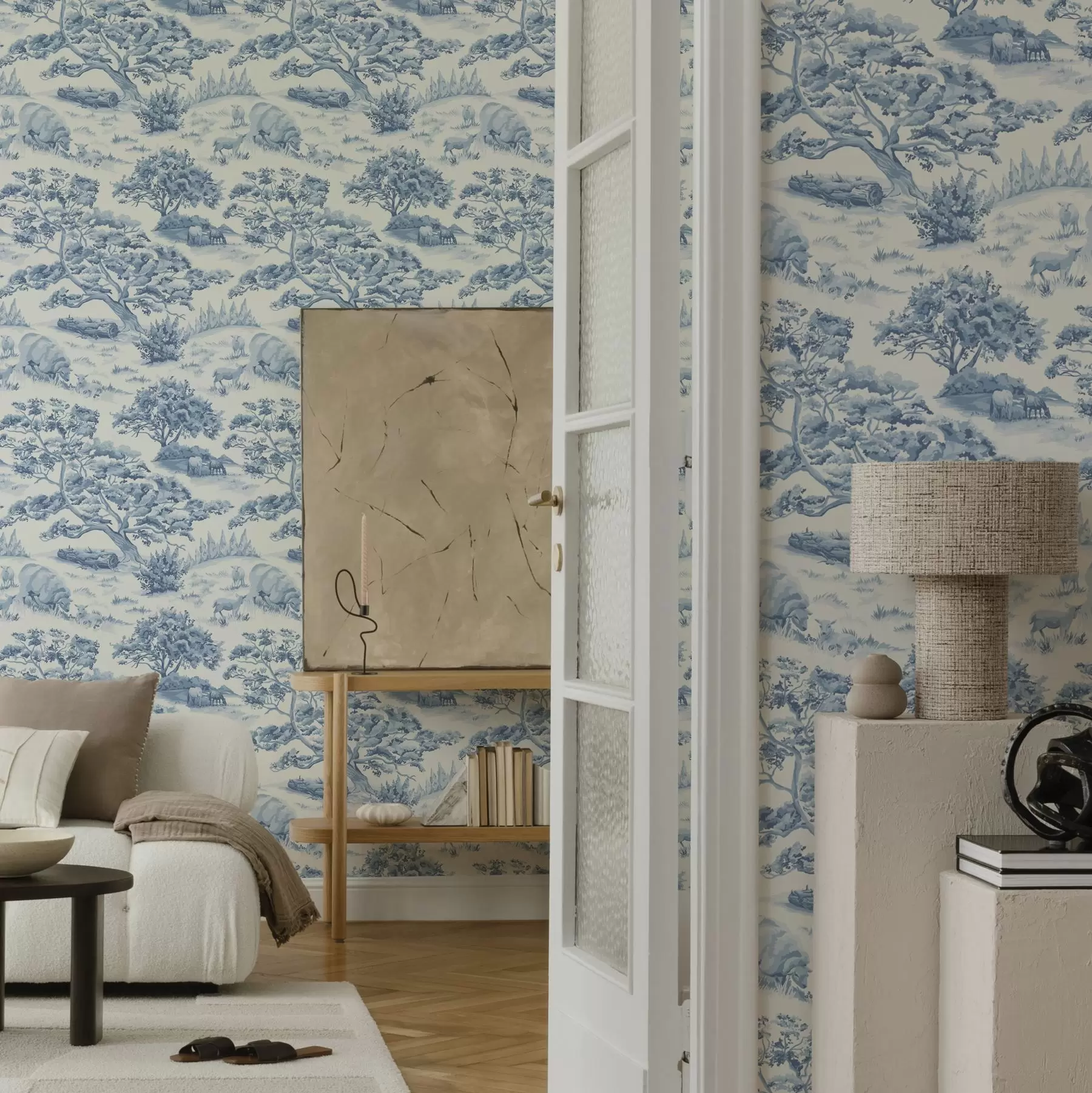 wall murals Rural landscape in blue tones with sheep and trees a00178