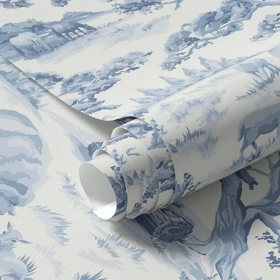 wall murals Rural landscape in blue tones with sheep and trees a00178