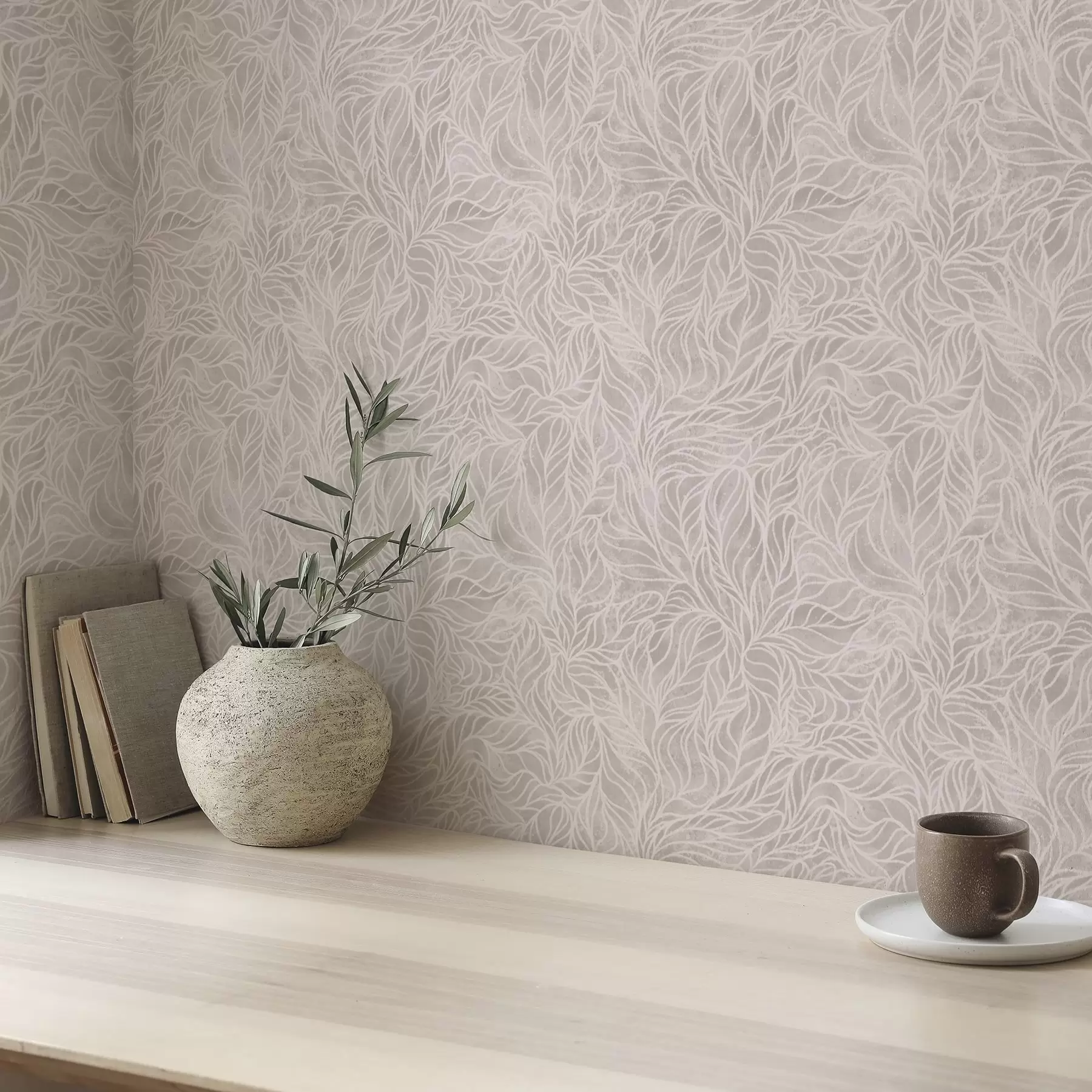 wall murals Beige abstract texture with smooth lines of leaves a00179