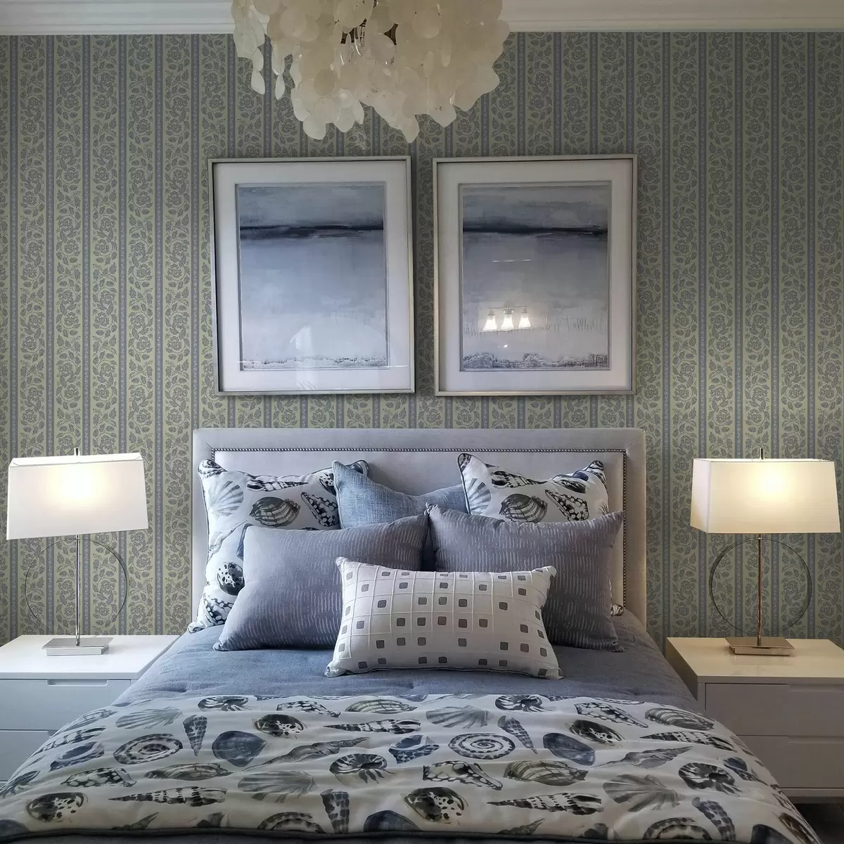 Wallpaper Striped floral ornament with acorns in blue and beige tones a00181