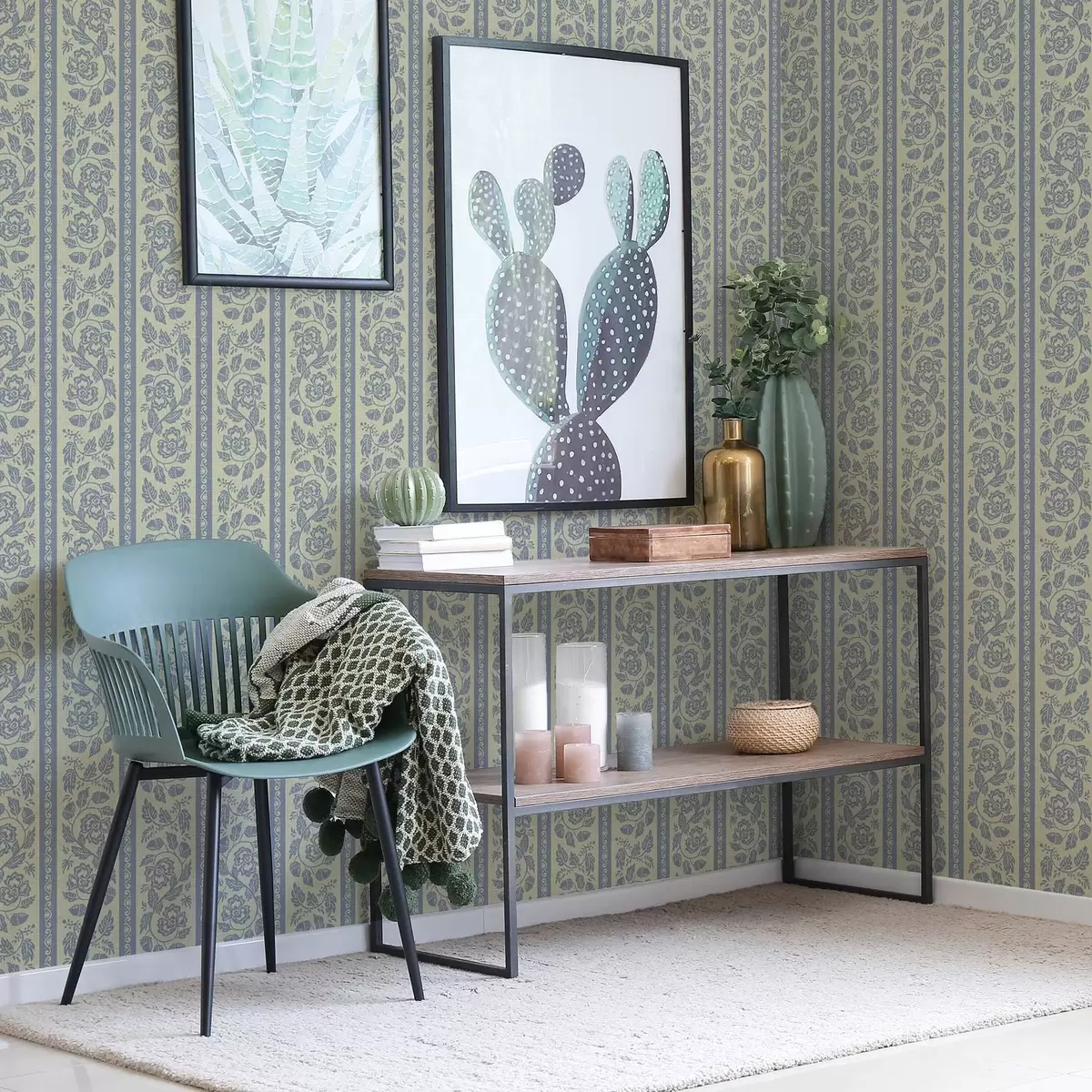 Wallpaper Striped floral ornament with acorns in blue and beige tones a00181