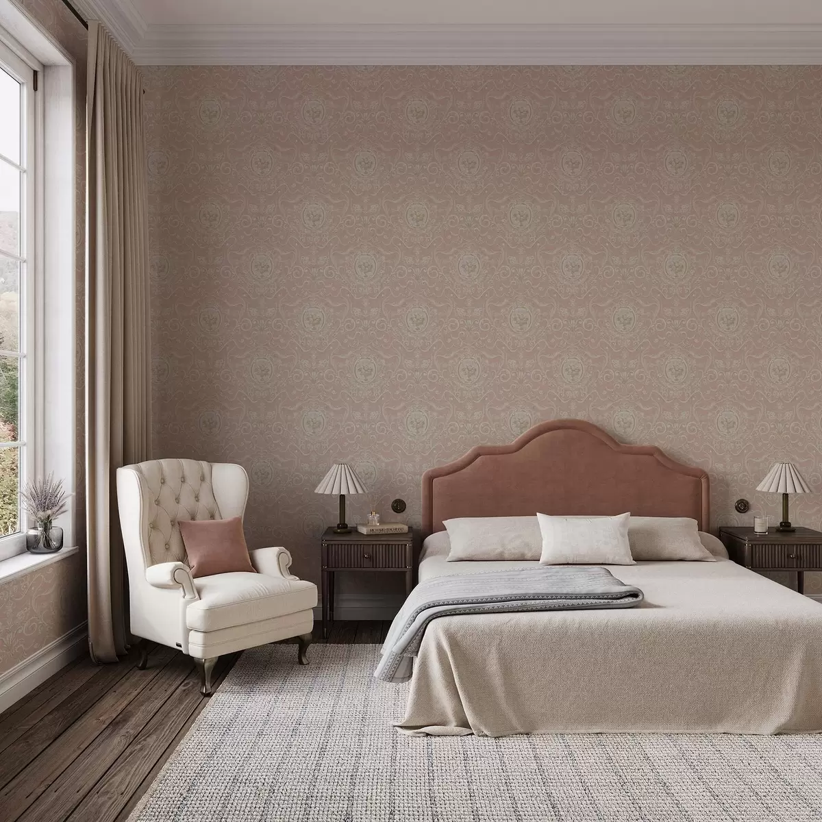 Wallpaper Pink classic pattern with medallions and flowers a00185