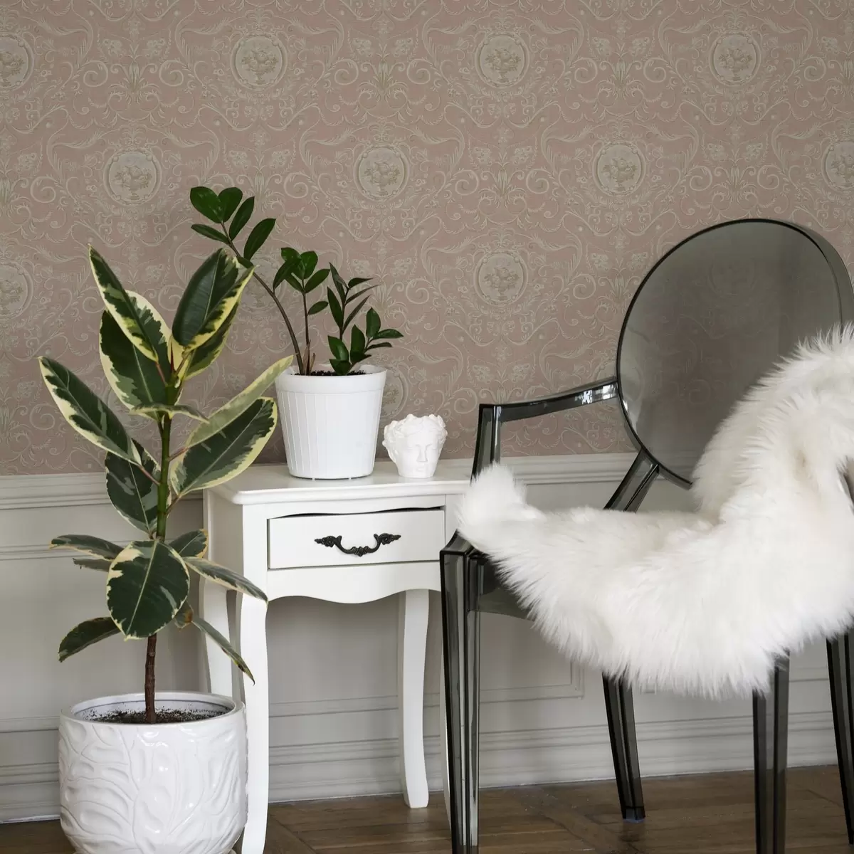 Wallpaper Pink classic pattern with medallions and flowers a00185