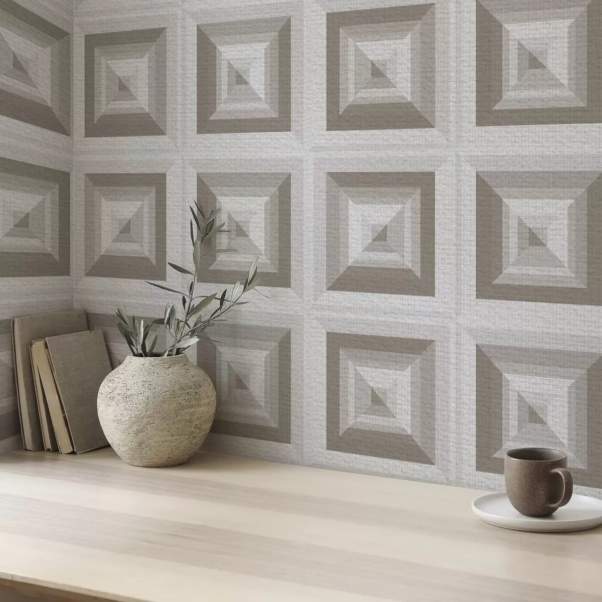 Wallpaper Geometric three-dimensional pattern in gray and beige a00187