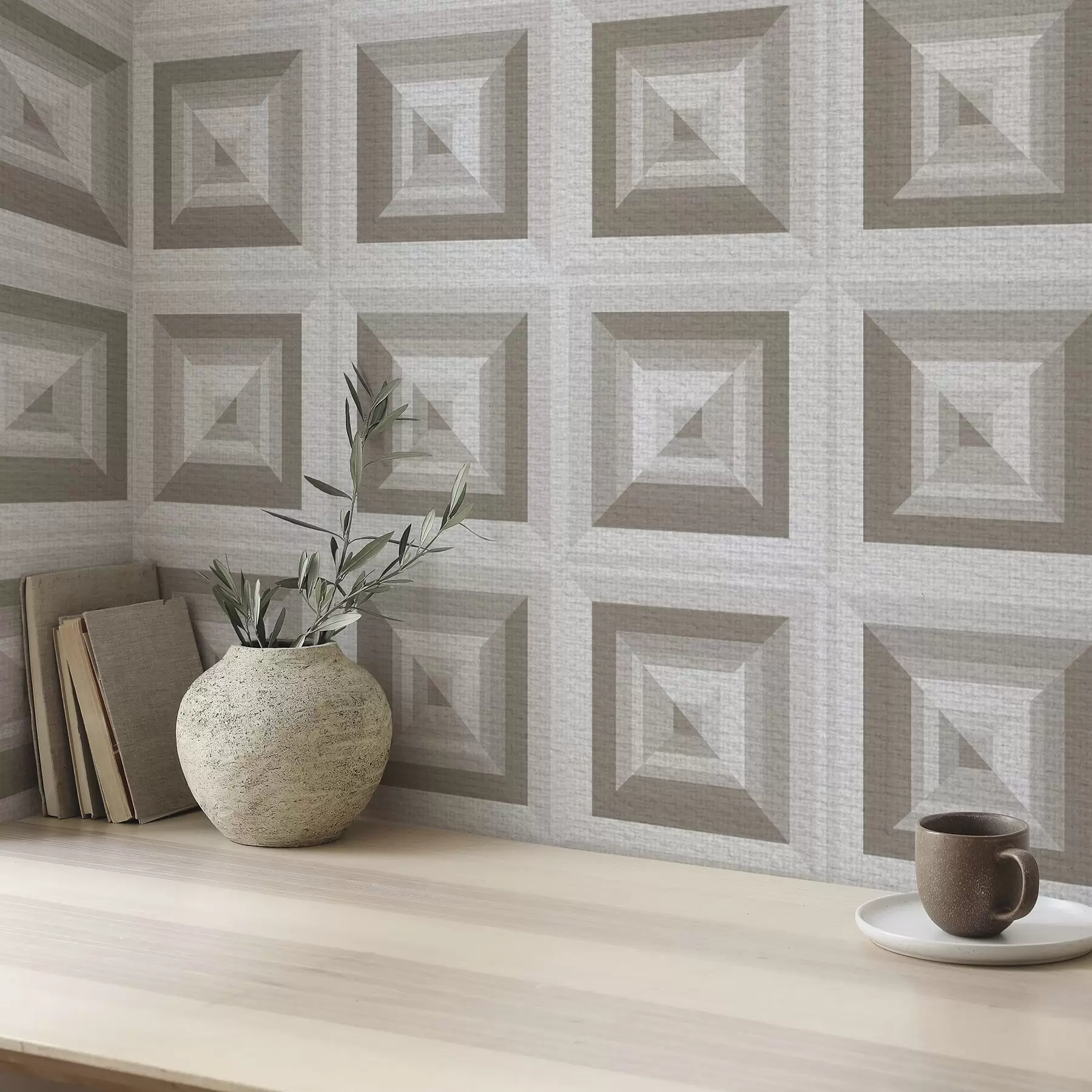 wall murals Geometric three-dimensional pattern in gray and beige a00187