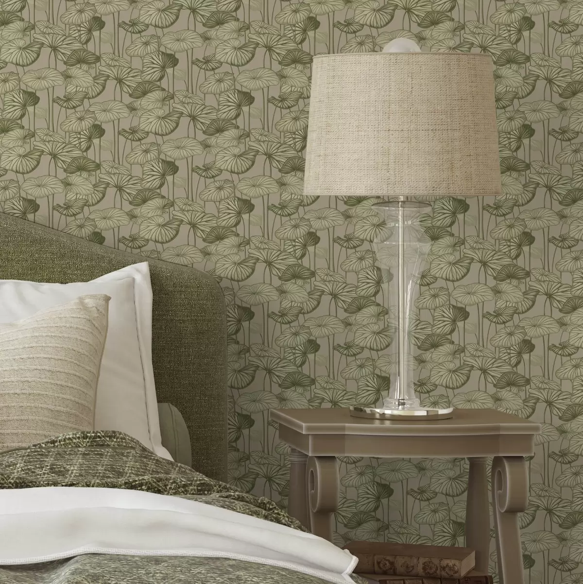 Wallpaper Graphic lotus leaves in retro style on a beige background a00188