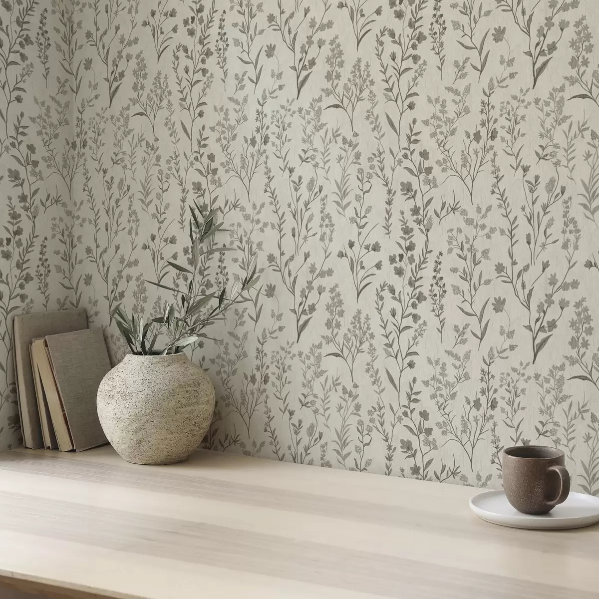 Wallpaper Monochrome meadow grasses in vintage style a00192