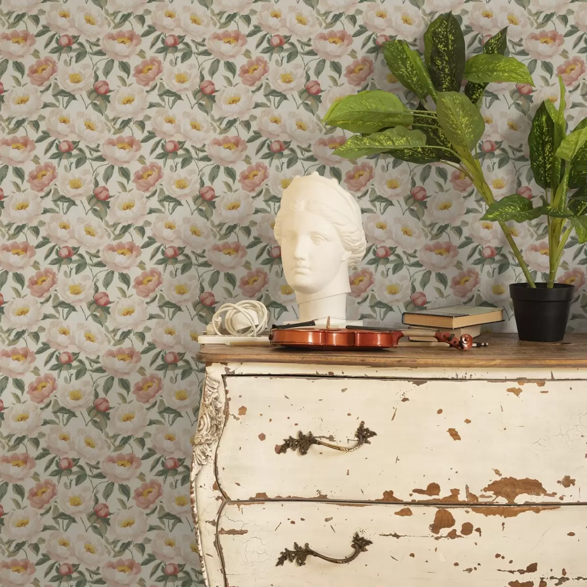 Wallpaper Watercolor peonies in light colors in retro style a00193