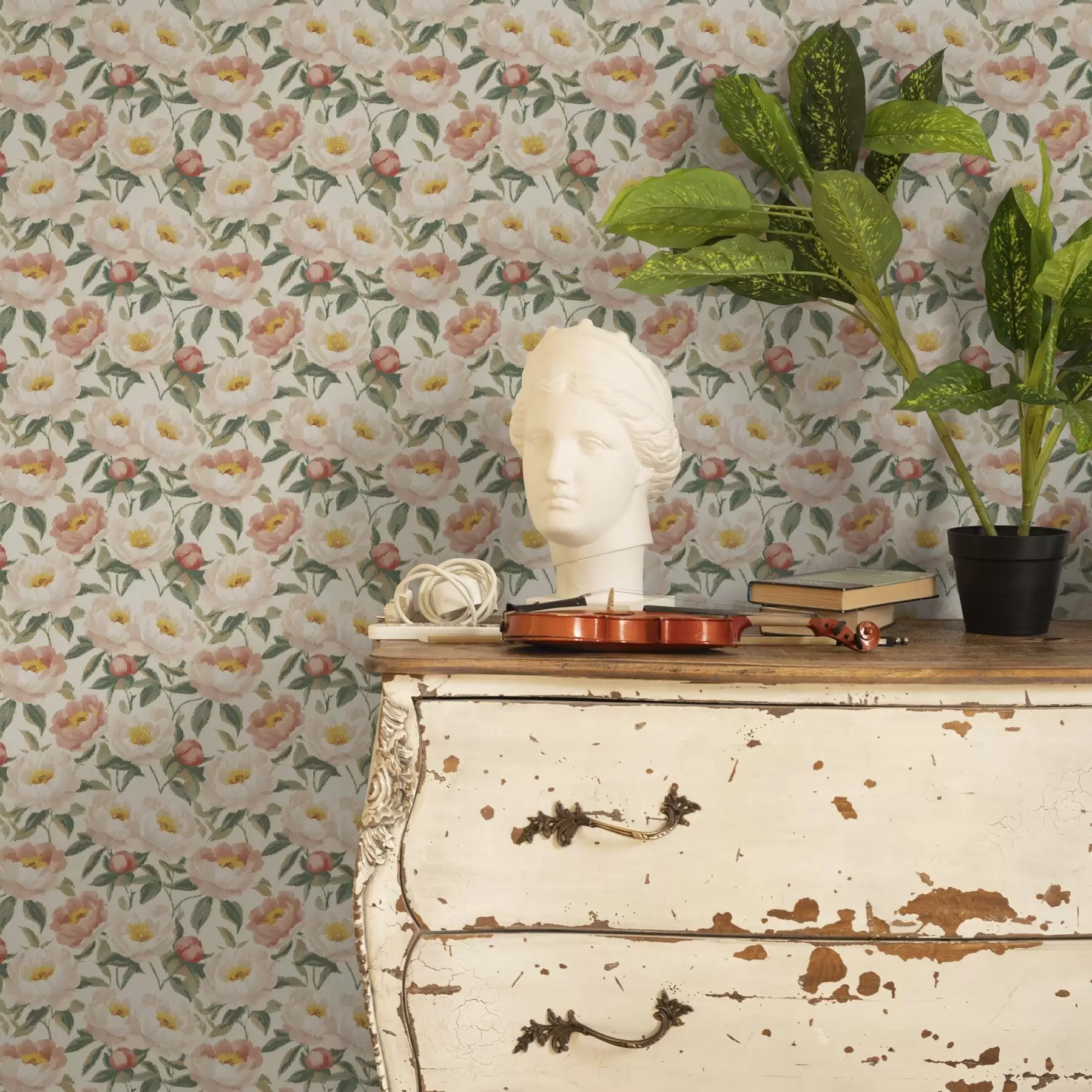 wall murals Watercolor peonies in light colors in retro style a00193