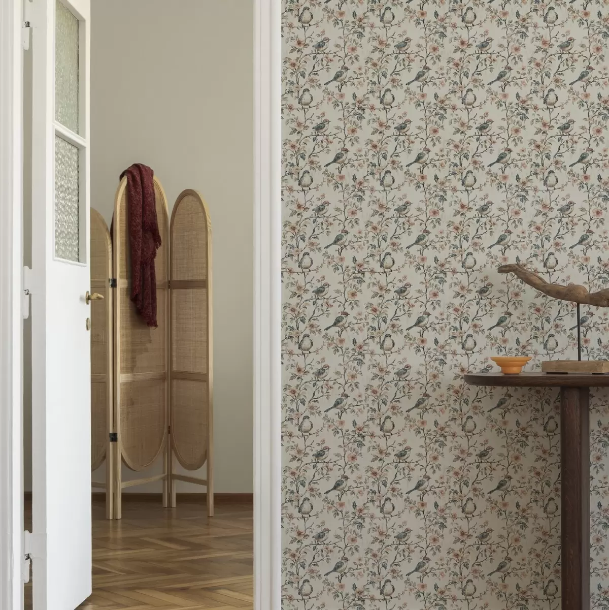 Wallpaper Birds on branches with flowers in retro watercolor style a00197