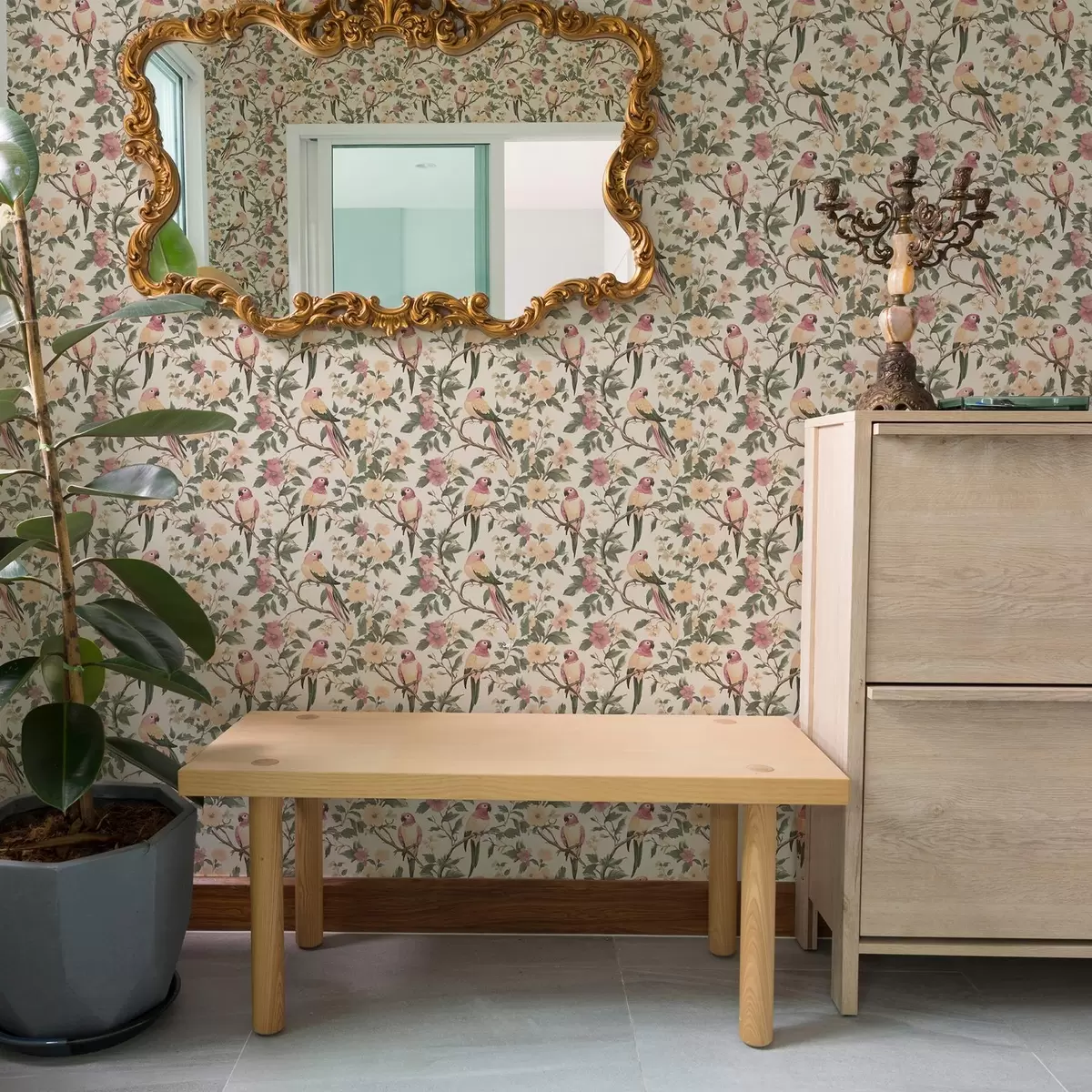 Wallpaper Tropical birds on flowering branches in pastel colors a00199