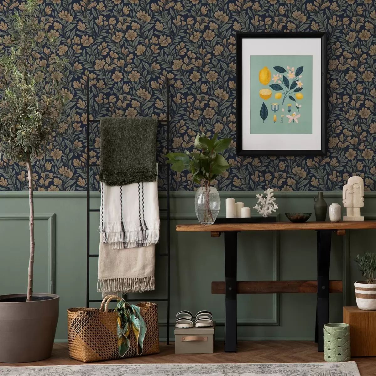 Wallpaper Orange flowers on a dark blue background in vintage style a00200