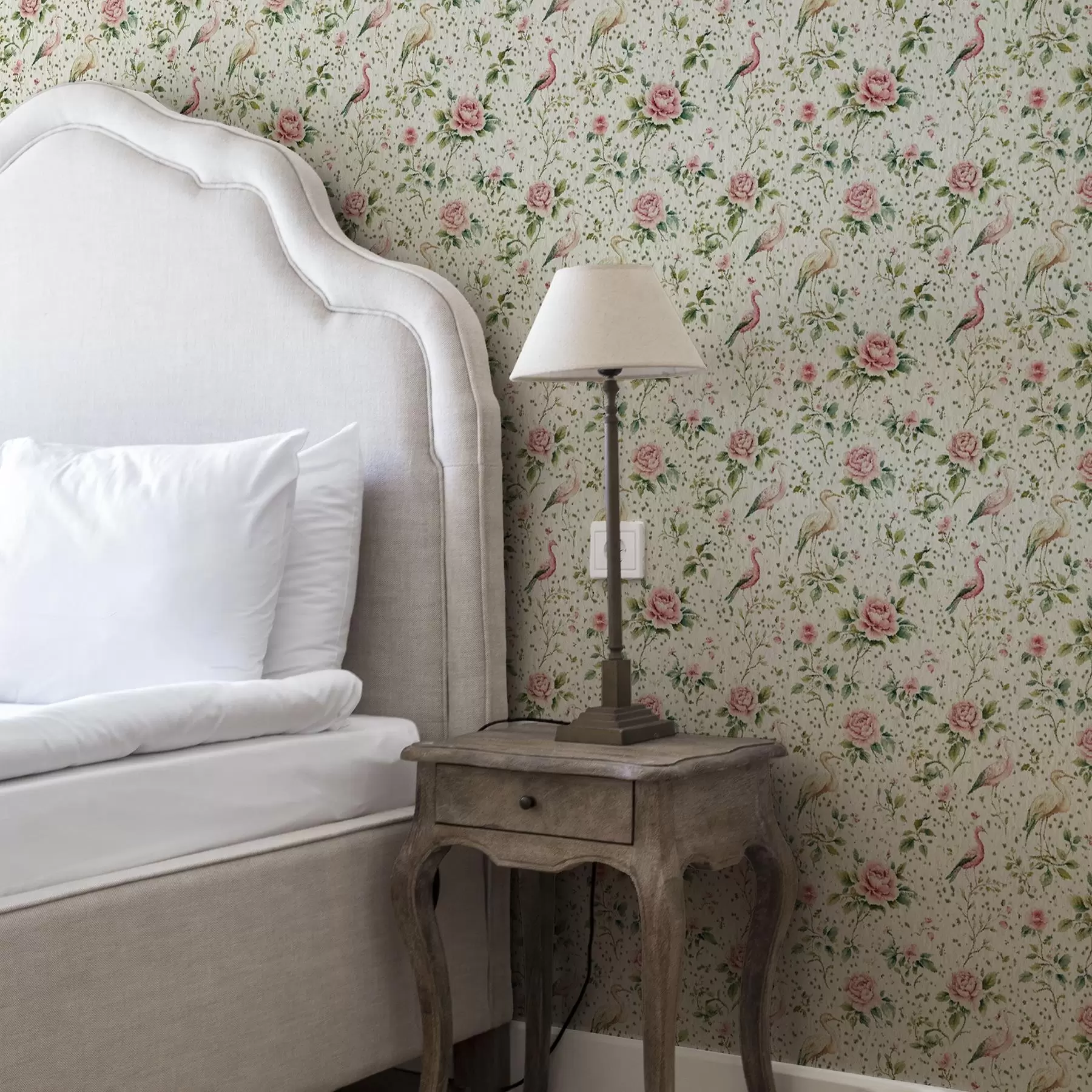 wall murals Pastel pink roses and birds in shabby chic style a00201