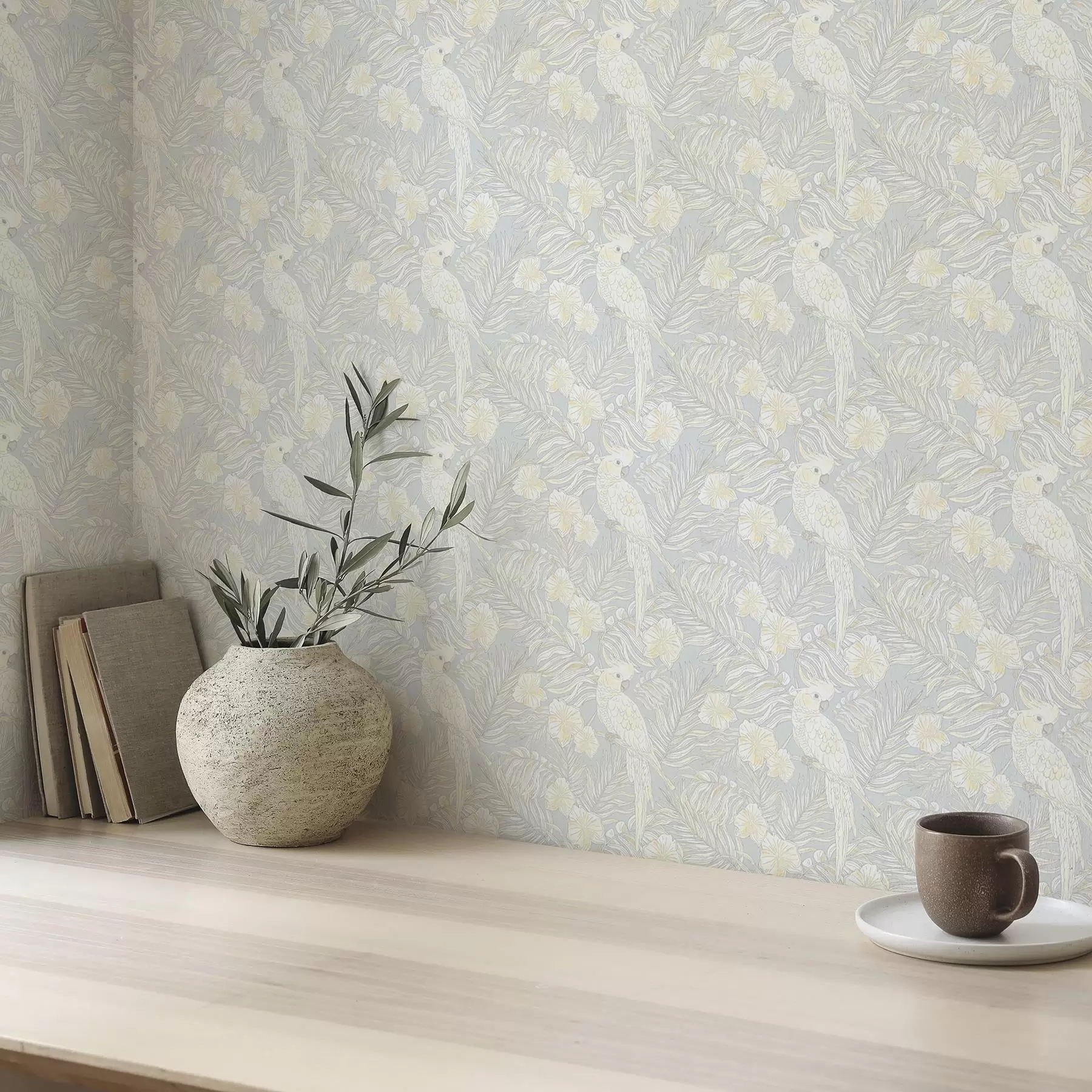 wall murals Light tropical print with cockatoos and flowers on a blue background a00203