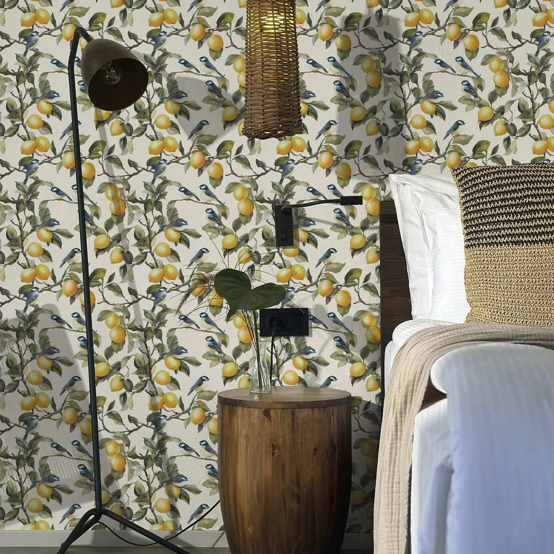 wall murals Birds and lemons on the branches, watercolor botanical drawing a00207