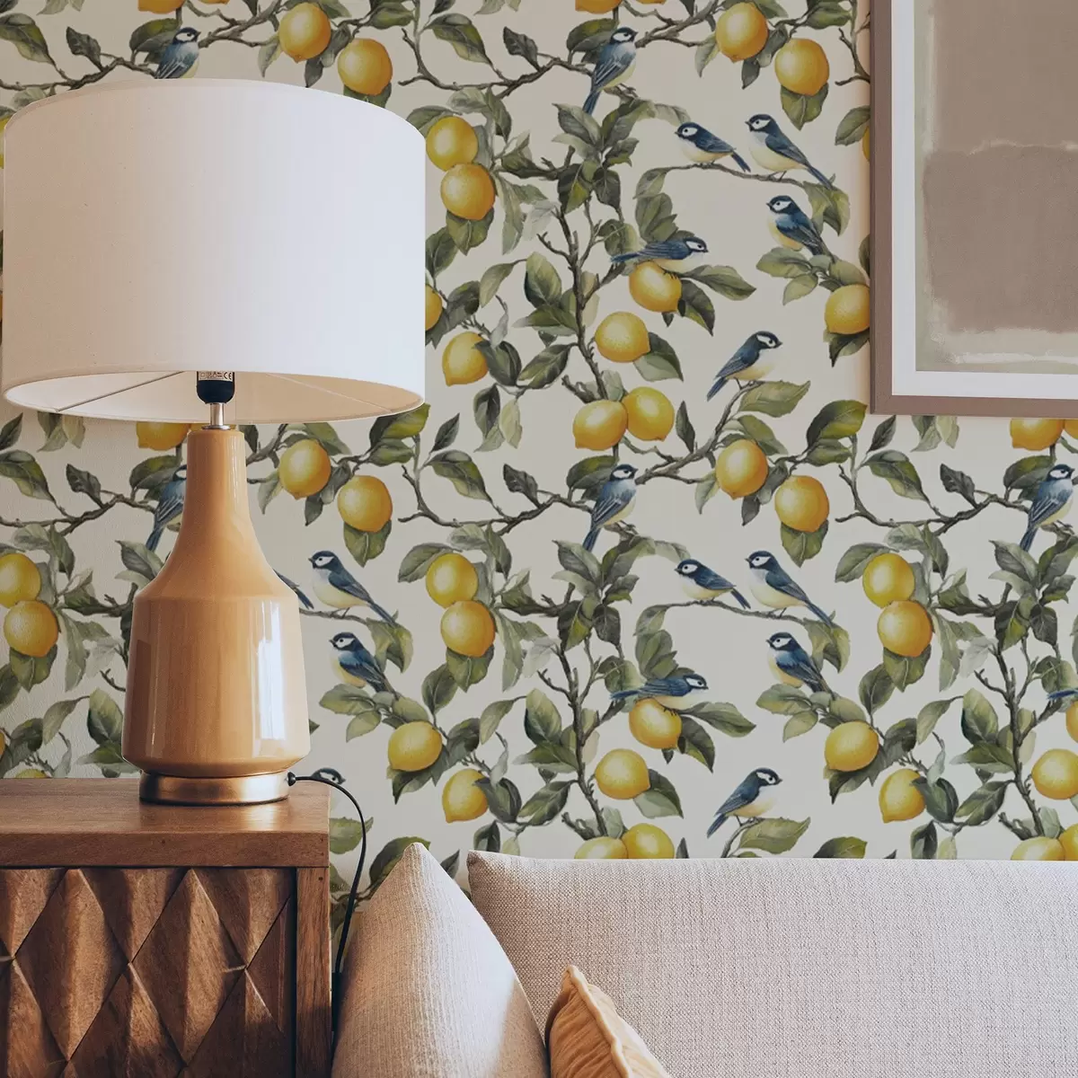 Wallpaper Birds and lemons on the branches, watercolor botanical drawing a00207