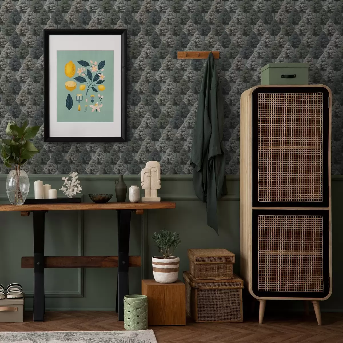 Wallpaper Geometric forest pattern with trees in green colors a00209