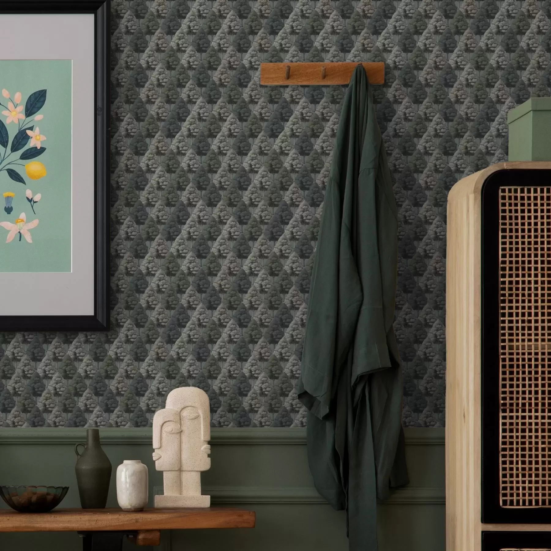 wall murals Geometric forest pattern with trees in green colors a00209