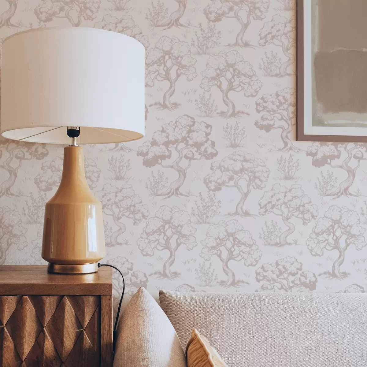 Wallpaper Monochromatic silhouettes of trees in vintage style, beige color scheme a00210