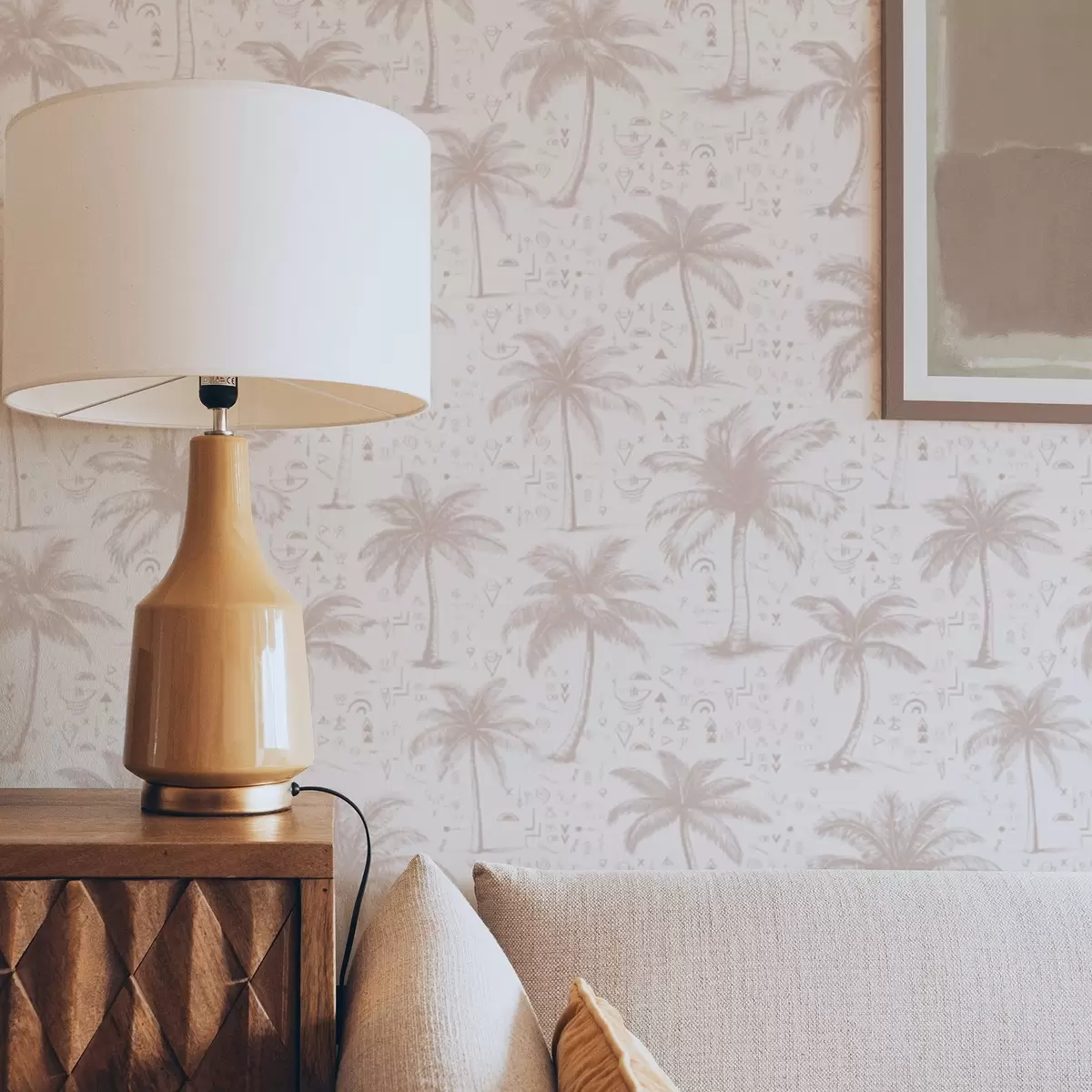 Wallpaper Palm trees with ethnic symbols, pastel pink tone a00213