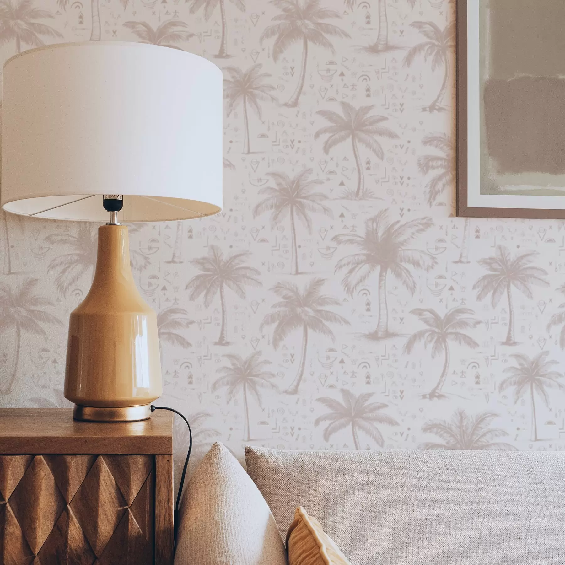 wall murals Palm trees with ethnic symbols, pastel pink tone a00213