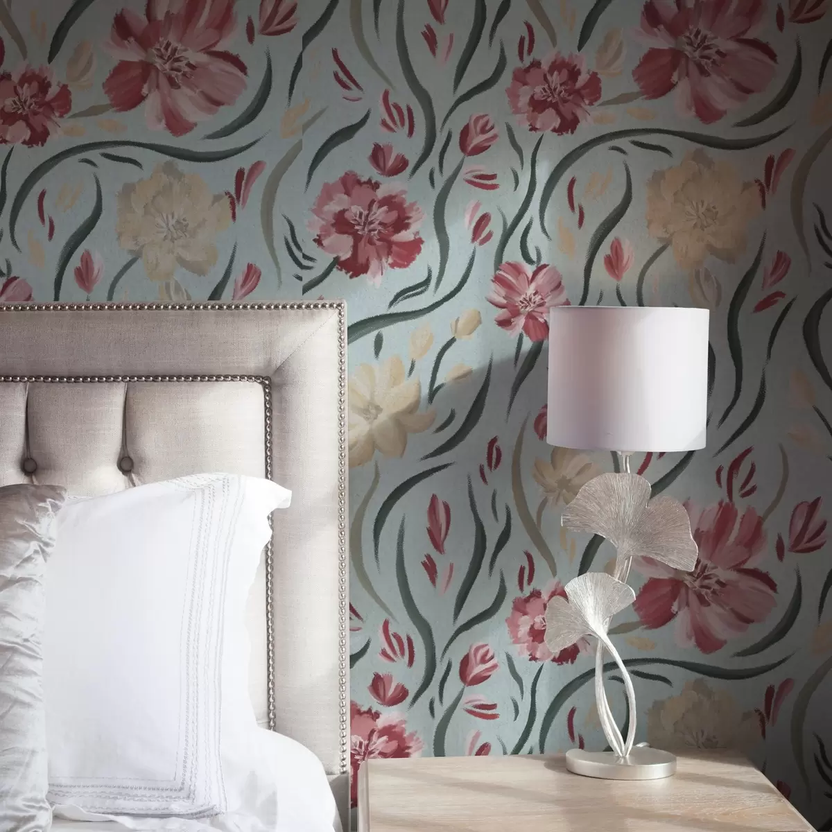 Wallpaper Watercolor flowers on a blue background, red and beige pattern a00216
