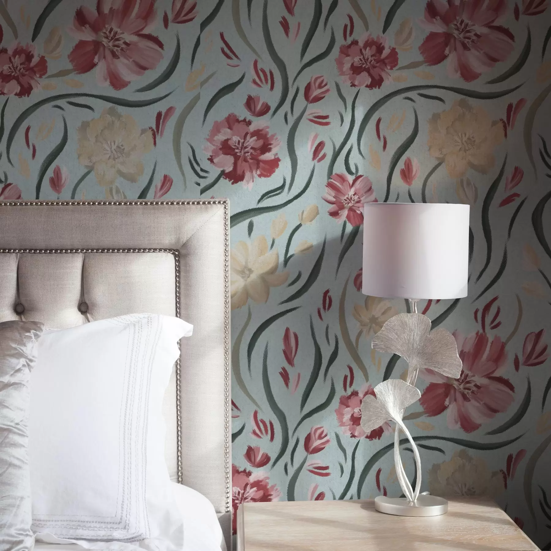 wall murals Watercolor flowers on a blue background, red and beige pattern a00216