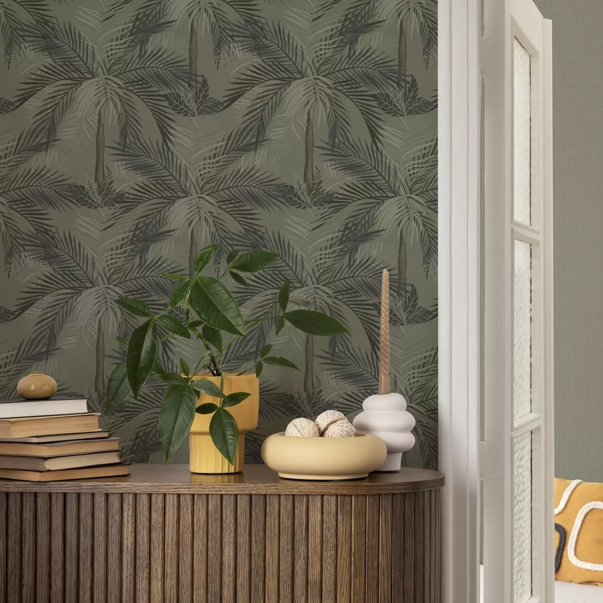 Wallpaper Palm leaves on olive background, jungle, tropics a00217