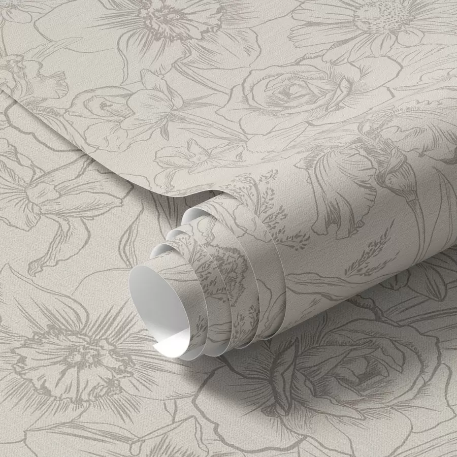 wall murals Contour flowers on a cream background, delicate floral pattern a00218