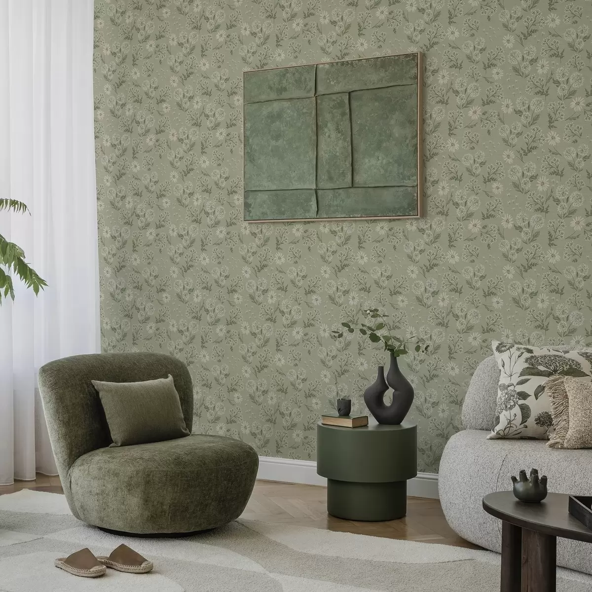 Wallpaper Dandelions and daisies, botanical pattern on gray-green background a00224