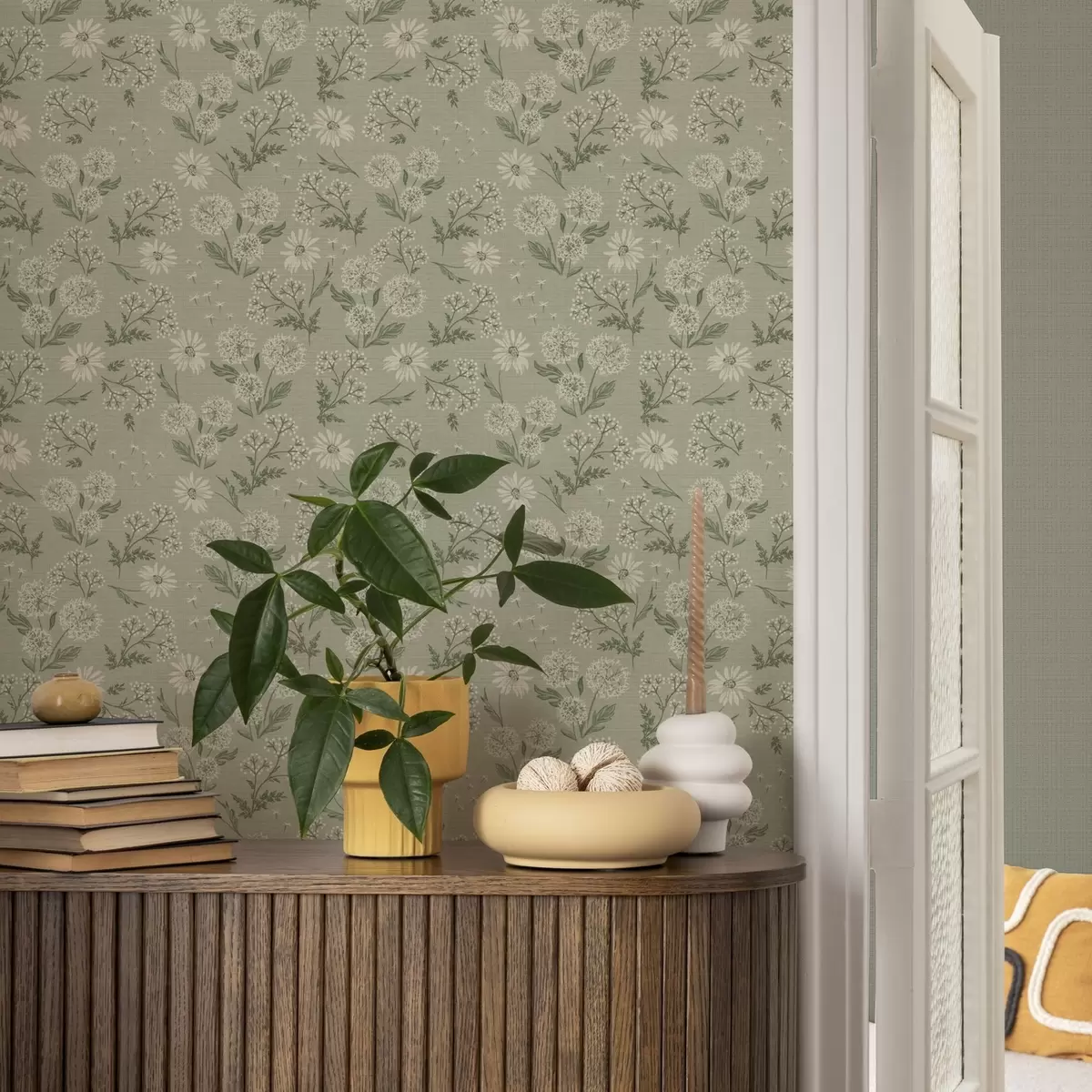 Wallpaper Dandelions and daisies, botanical pattern on gray-green background a00224