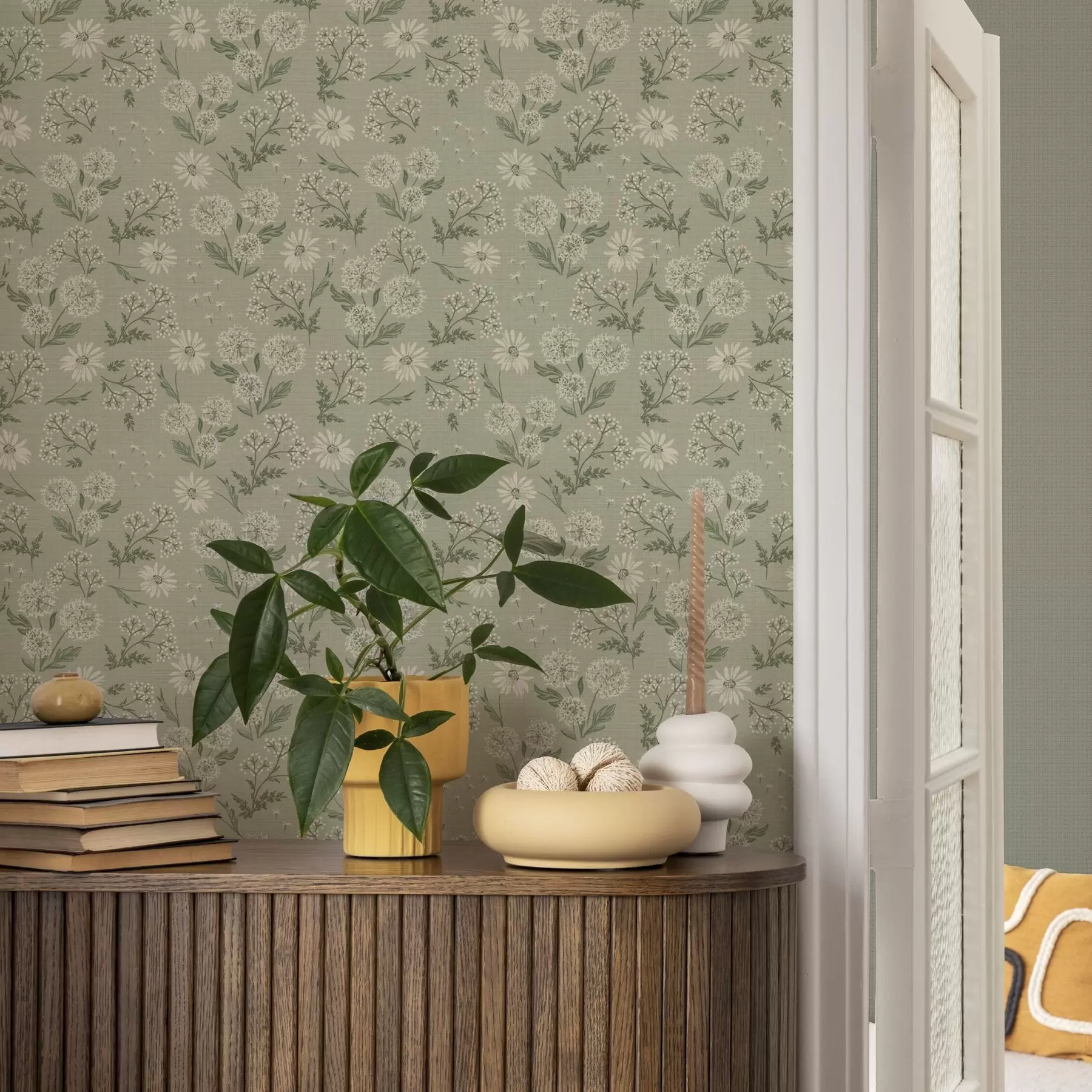 wall murals Dandelions and daisies, botanical pattern on gray-green background a00224