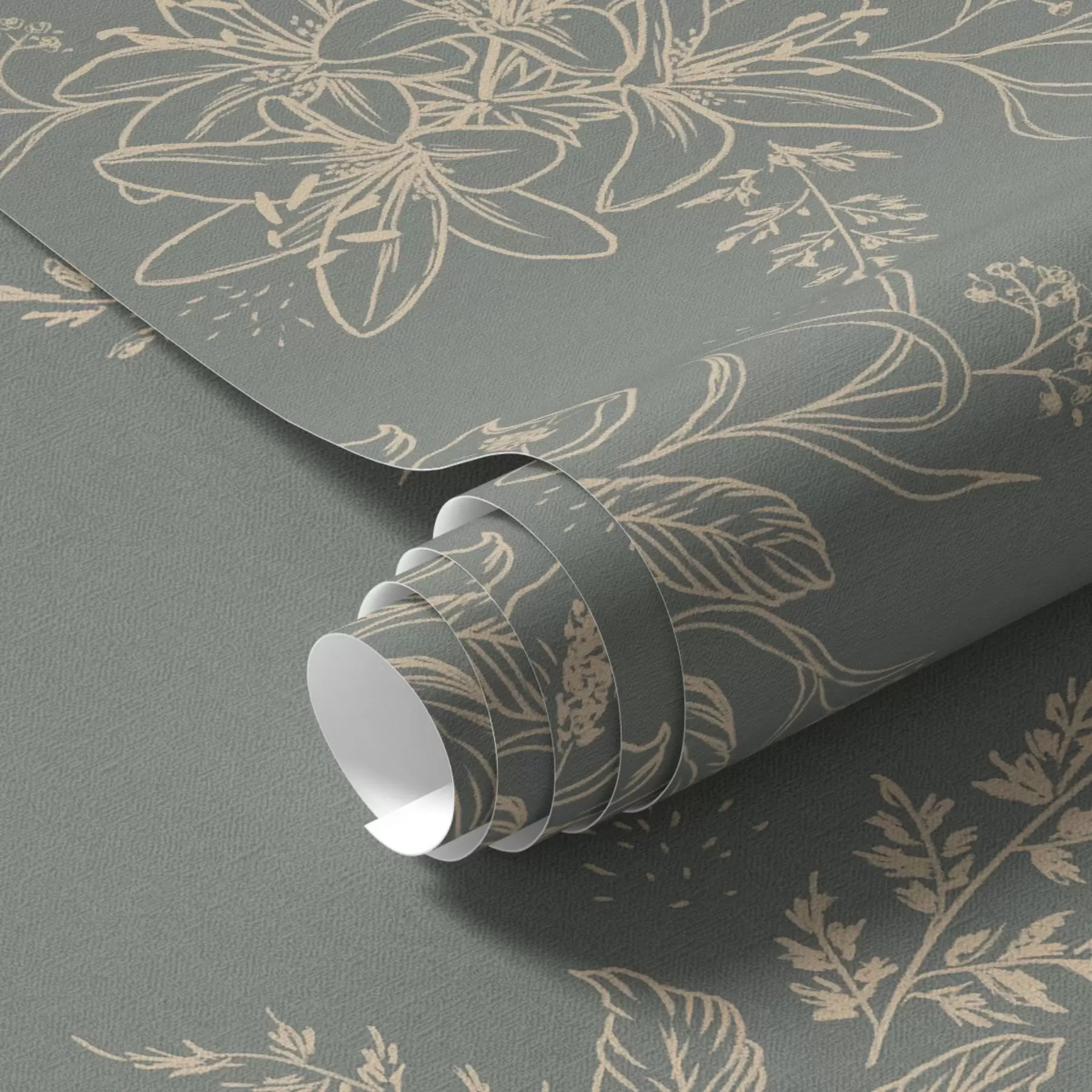 wall murals Contour flowers on blue-gray background, elegant botanical pattern a00226