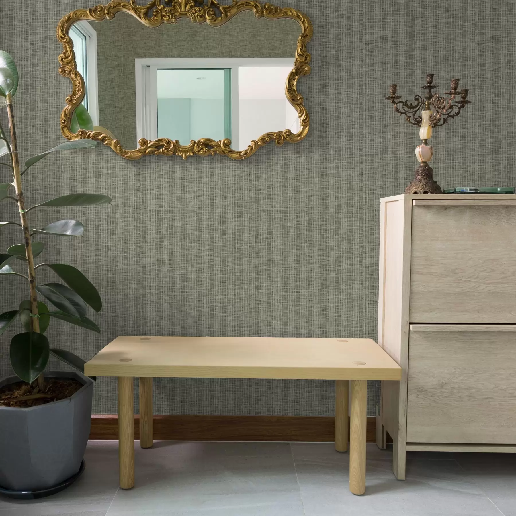 wall murals Gray-green fabric texture, linen grid pattern a00235