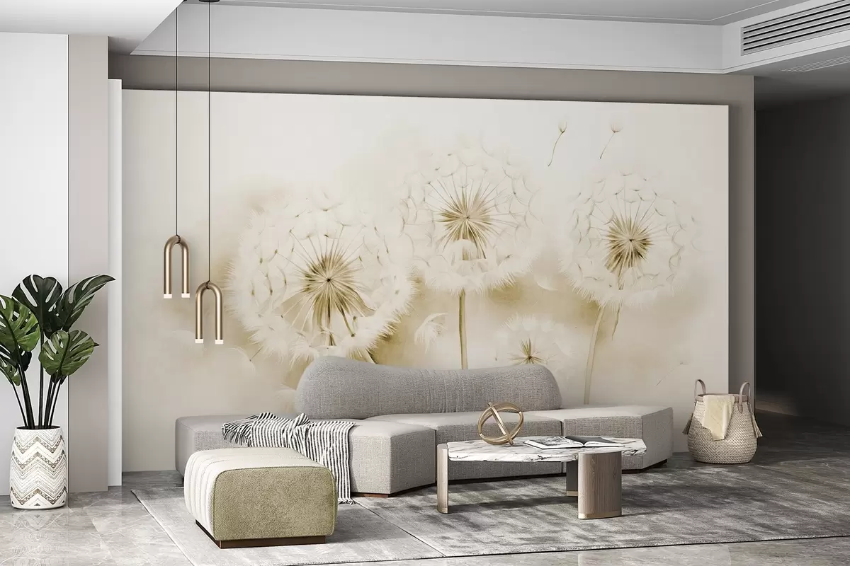 wall murals Textured dandelions with seeds floating in the air, muted yellow and white background, soft delicate drawing style w09190v1