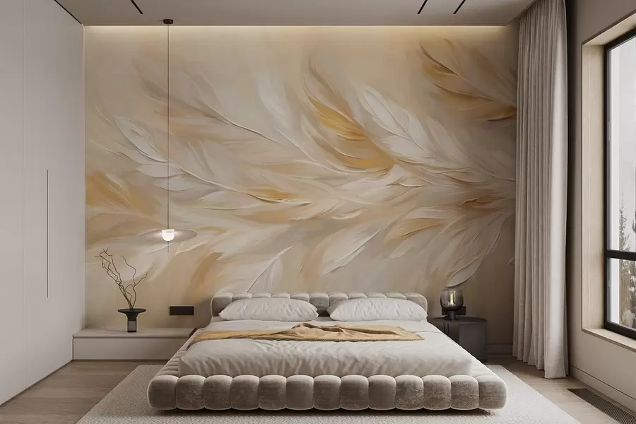 wall murals White and beige feathers arranged in a flowing print, soft texture, warm color palette, abstract background w09191