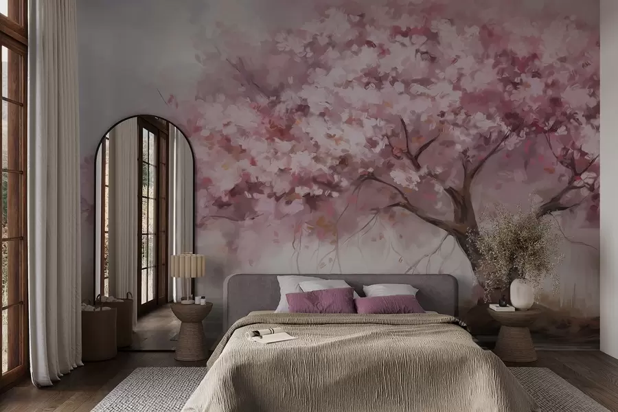 wall murals Abstract pink blossom tree in full bloom, next to a river, soft textured brushstrokes and pastel colors w09193