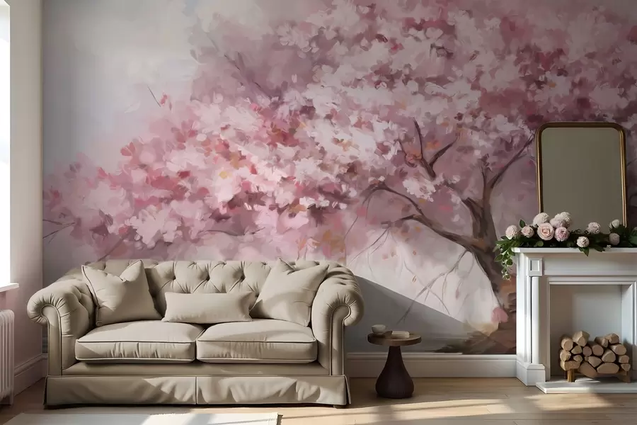 wall murals Abstract pink blossom tree in full bloom, next to a river, soft textured brushstrokes and pastel colors w09193