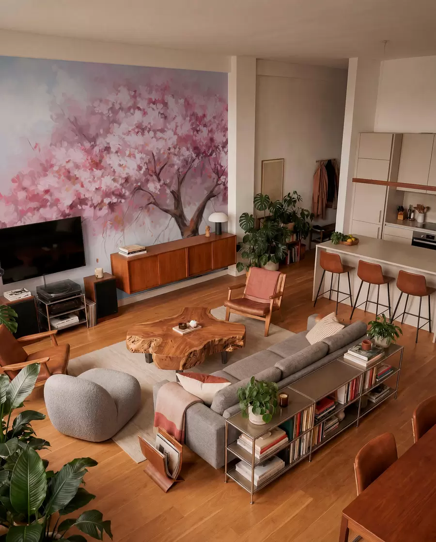 wall murals Abstract pink blossom tree in full bloom, next to a river, soft textured brushstrokes and pastel colors w09193