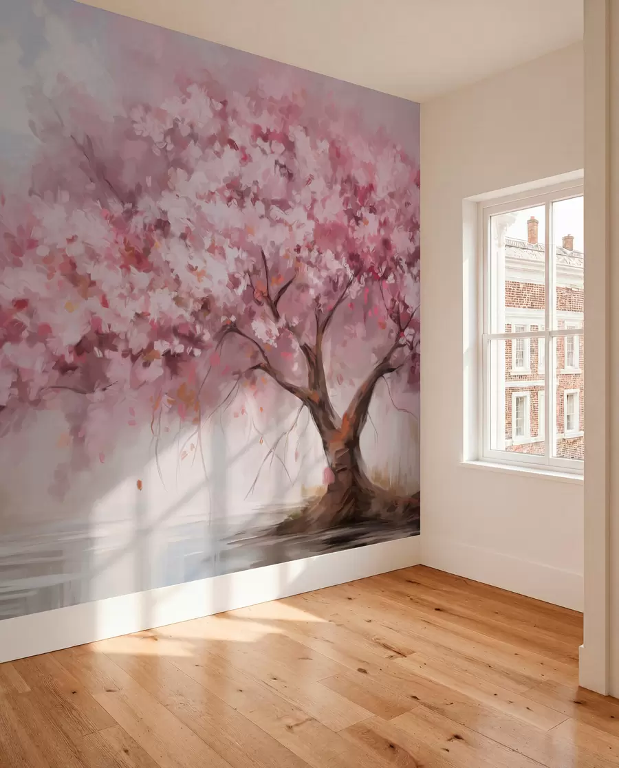 wall murals Abstract pink blossom tree in full bloom, next to a river, soft textured brushstrokes and pastel colors w09193