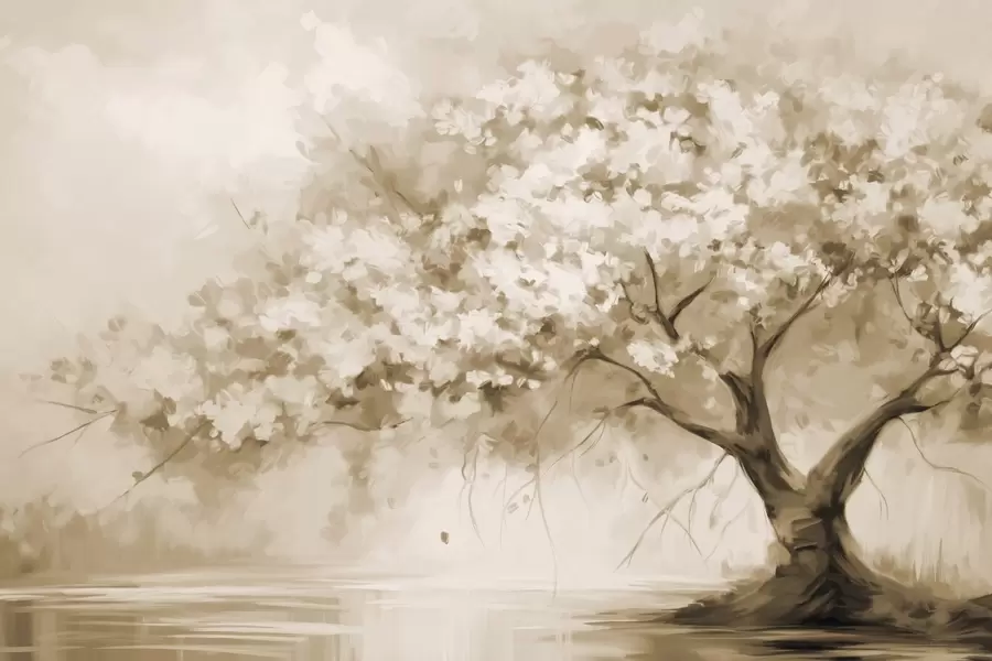 wall murals Abstract beige blossom tree in full bloom, next to a river, soft textured brushstrokes and pastel colors w09193v1