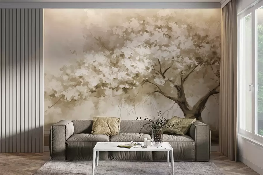 wall murals Abstract beige blossom tree in full bloom, next to a river, soft textured brushstrokes and pastel colors w09193v1
