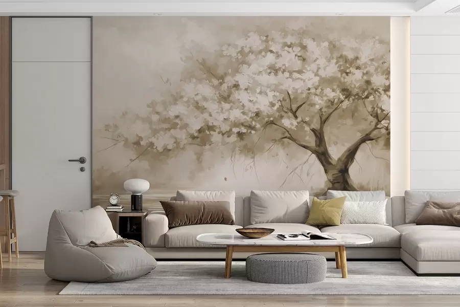 wall murals Abstract beige blossom tree in full bloom, next to a river, soft textured brushstrokes and pastel colors w09193v1