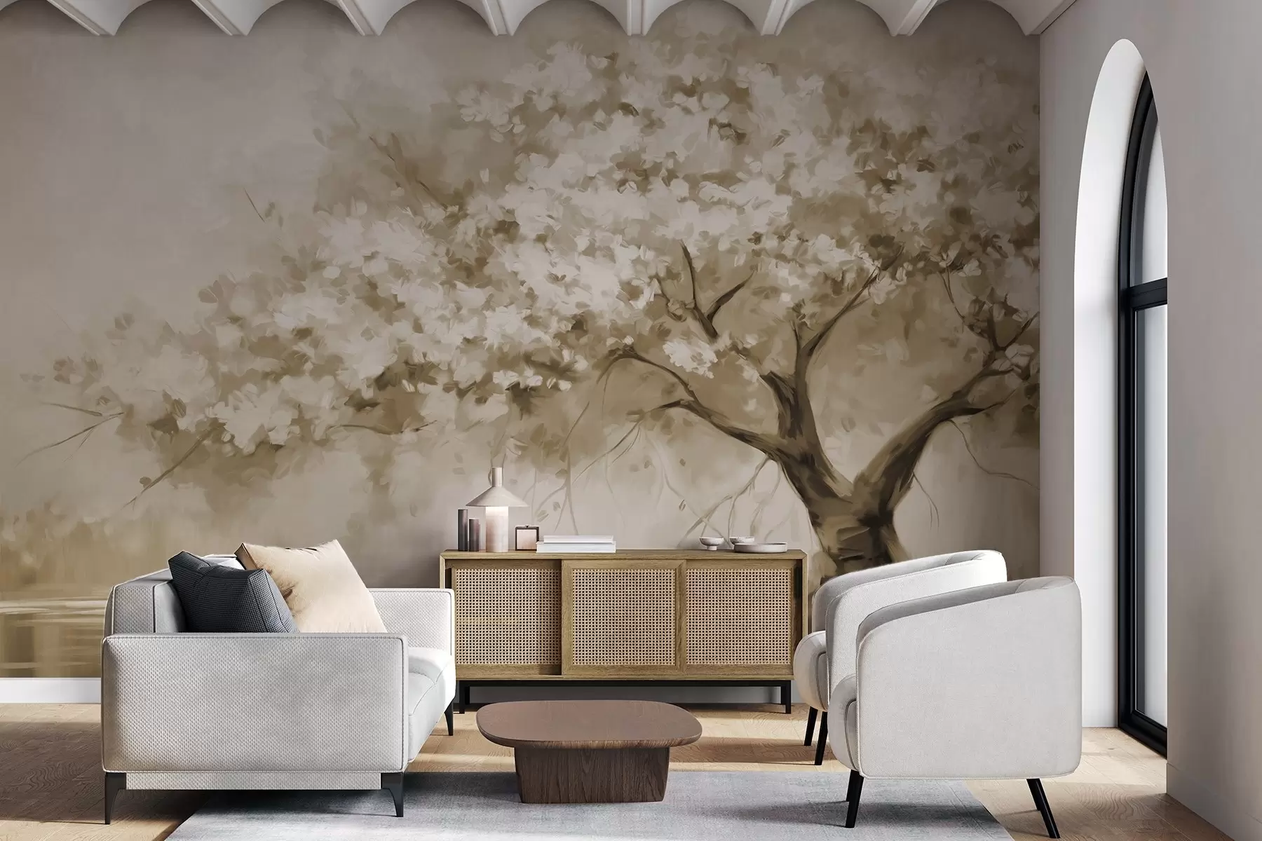 wall murals Abstract beige blossom tree in full bloom, next to a river, soft textured brushstrokes and pastel colors w09193v1